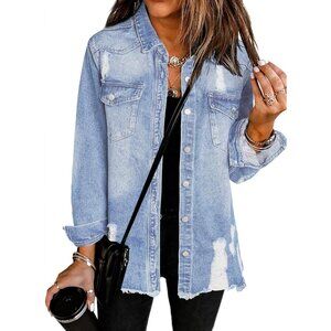 Women's Oversized Denim Jacket Casual Long Sleeve Distressed Blue Jean